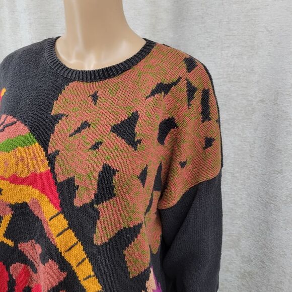 Vintage Pheasant Bird Fall Leaves Knit Sweater Black Crewneck - Picture 4 of 13